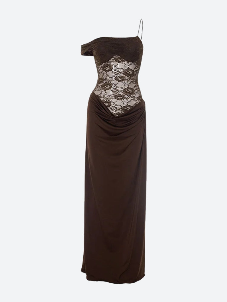 Lace Corset Sweetheart Cold-Shoulder Draped Waist Column Maxi Gown