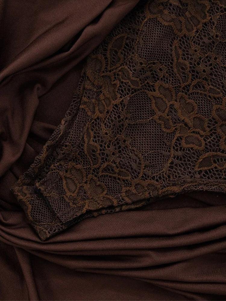 Lace Corset Sweetheart Cold-Shoulder Draped Waist Column Maxi Gown