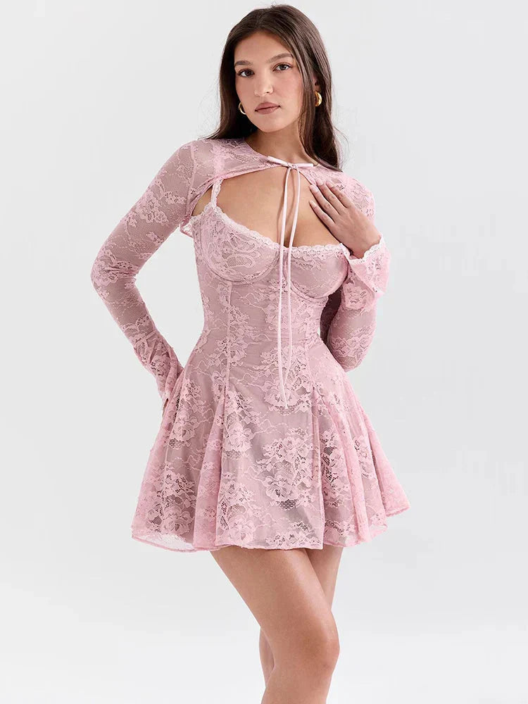 Floral Lace Bustier Tie-Front Bolero Bell Sleeve Mini Dress