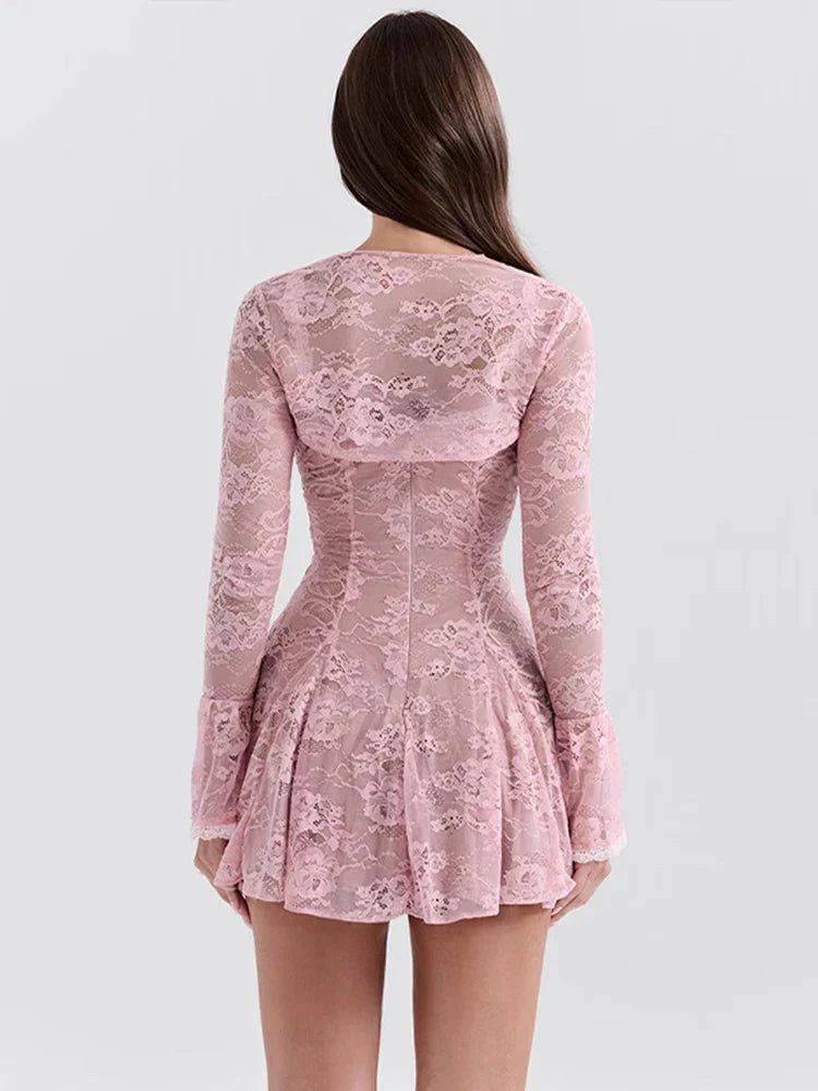 Floral Lace Bustier Tie-Front Bolero Bell Sleeve Mini Dress