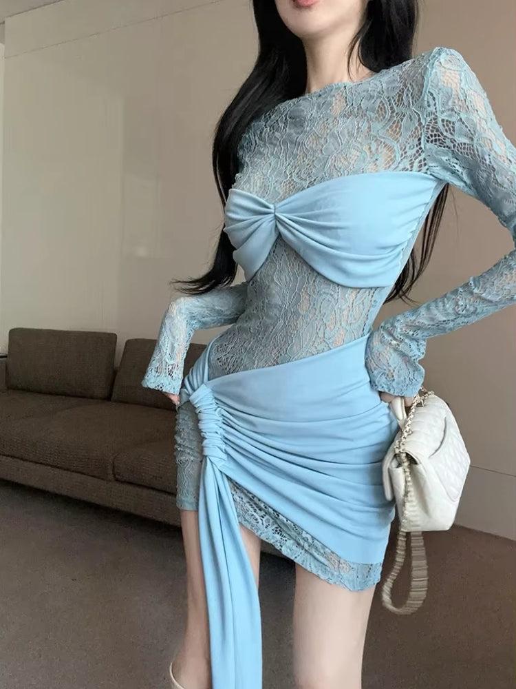Floral Lace Twist Front Ruched Overlay Draped Sash Bodycon Mini Dress