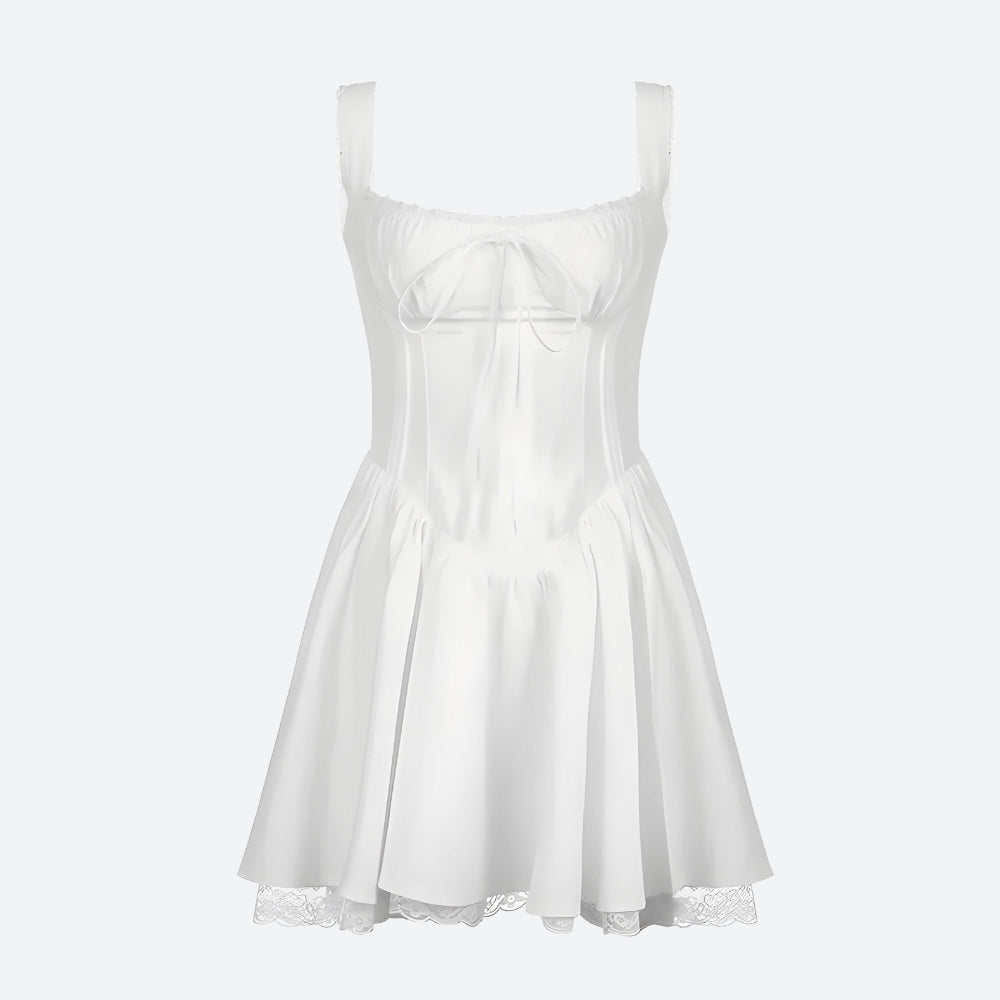 Square Neck Lace Trim Smocked Corset Ruffle Hem Mini Dress