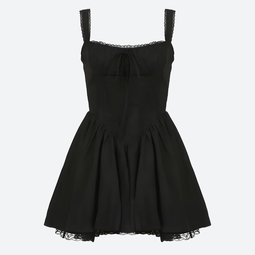 Square Neck Lace Trim Smocked Corset Ruffle Hem Mini Dress