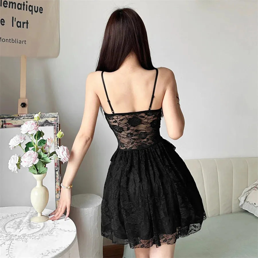 Floral Lace Sheer Waist Tiered Ruffle Spaghetti Strap Mini Dress