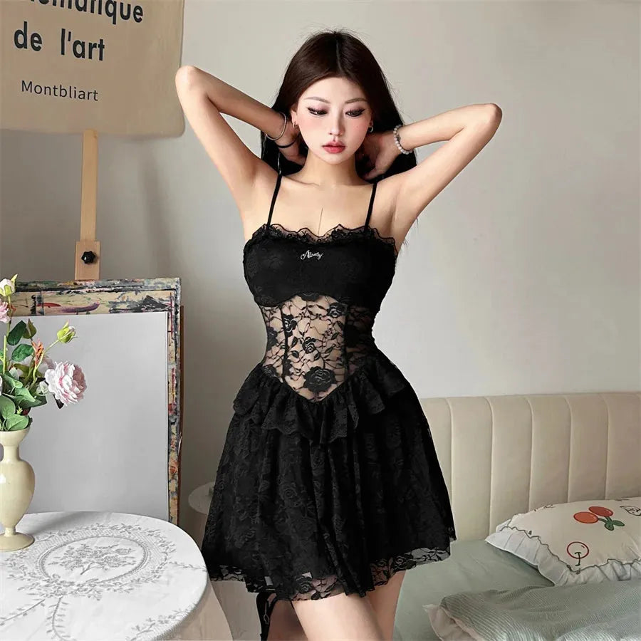 Floral Lace Sheer Waist Tiered Ruffle Spaghetti Strap Mini Dress