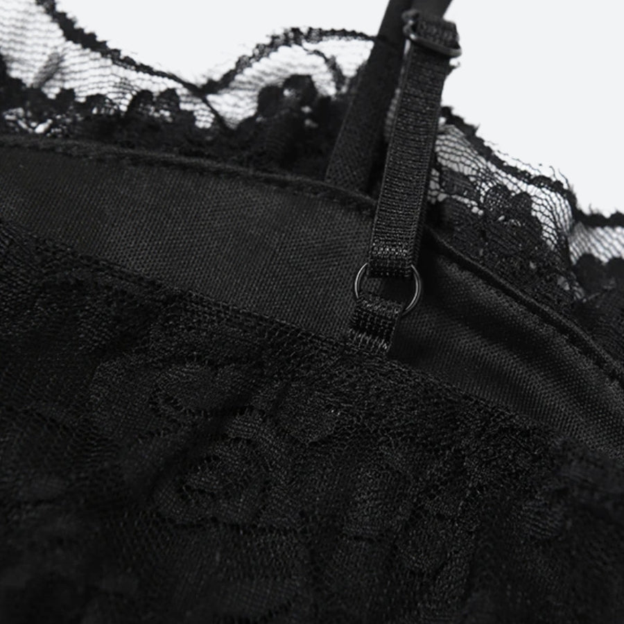 Floral Lace Sheer Waist Tiered Ruffle Spaghetti Strap Mini Dress