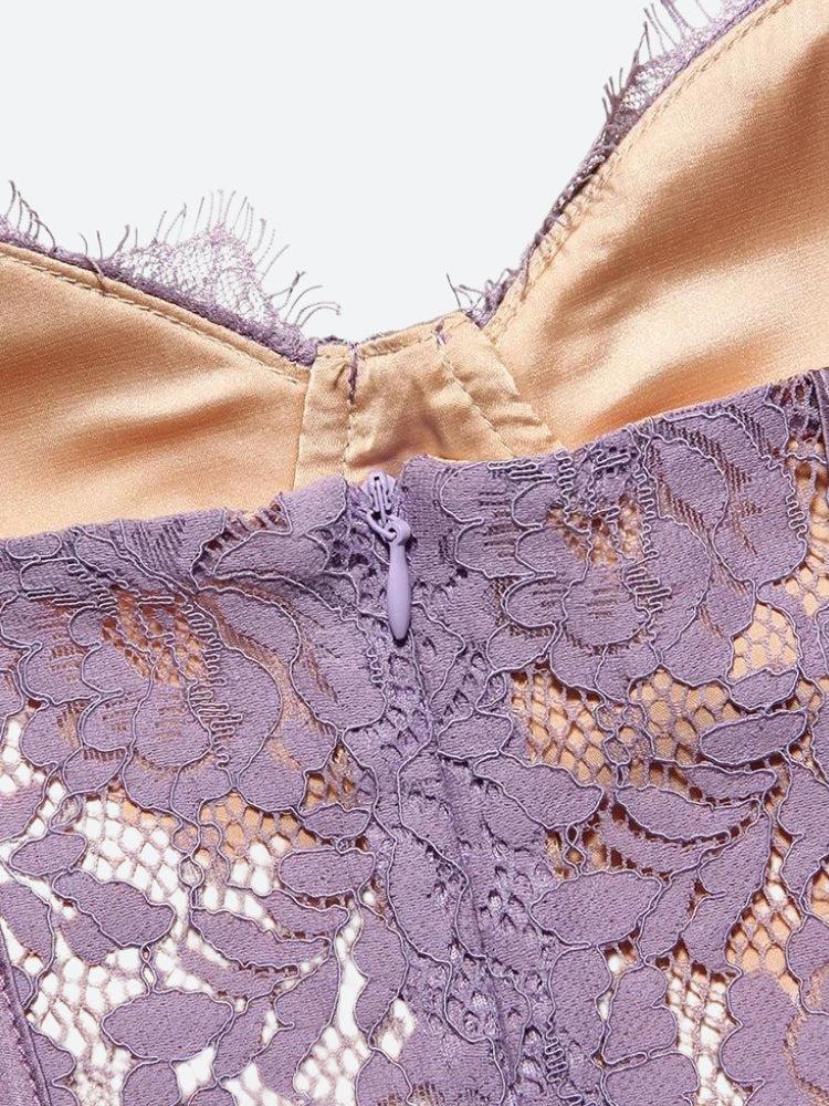 Floral Lace Underwire Corset Scalloped Hem Spaghetti Strap Mini Dress
