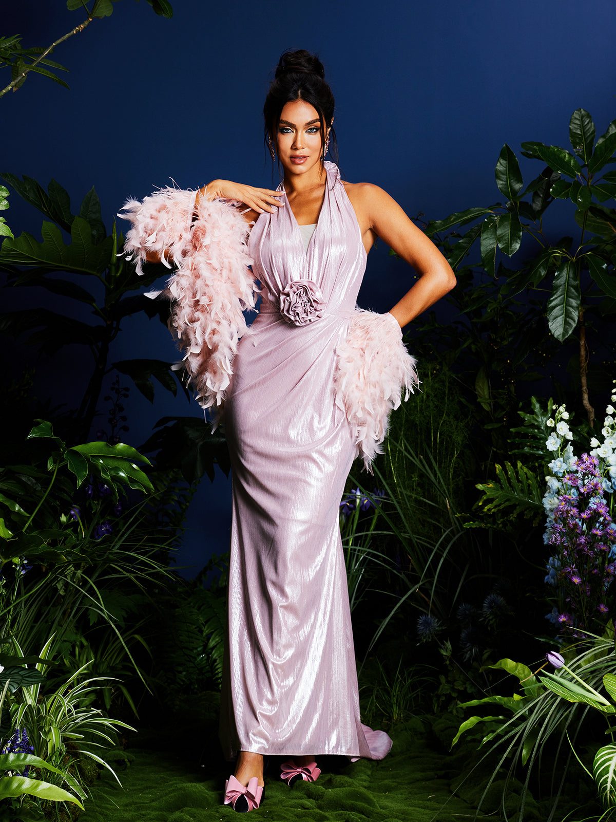 Metallic Pleated Halter Neck Deep V-Neck Rosette Waist Maxi Dress and Feather Shrug Set