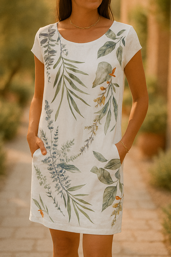 Botanical Print Short Sleeve Scoop Neck Pocket Mini Dress