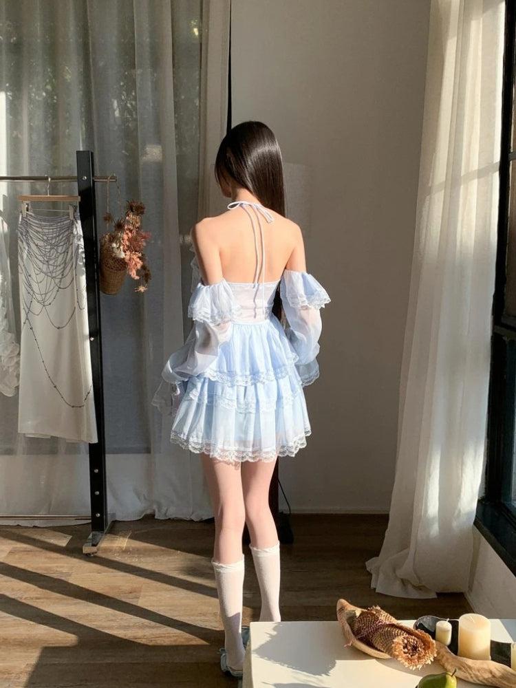 Cold Shoulder Tiered Ruffle Lace Trim Bell Sleeve Halter Mini Dress