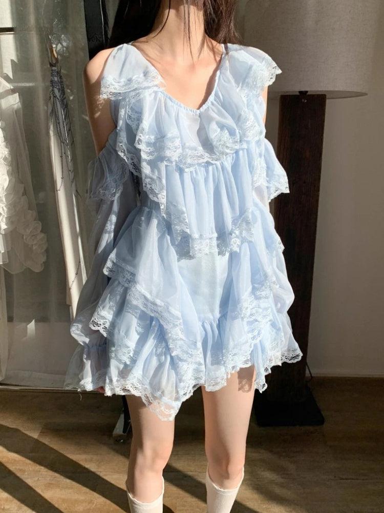 Cold Shoulder Tiered Ruffle Lace Trim Bell Sleeve Halter Mini Dress