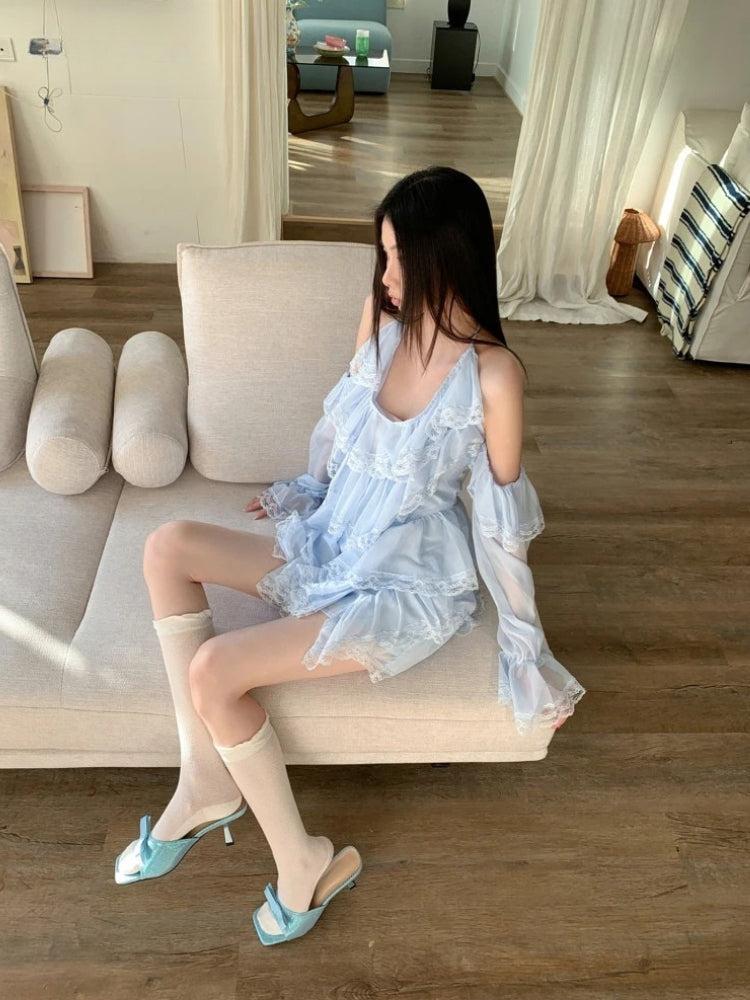 Cold Shoulder Tiered Ruffle Lace Trim Bell Sleeve Halter Mini Dress