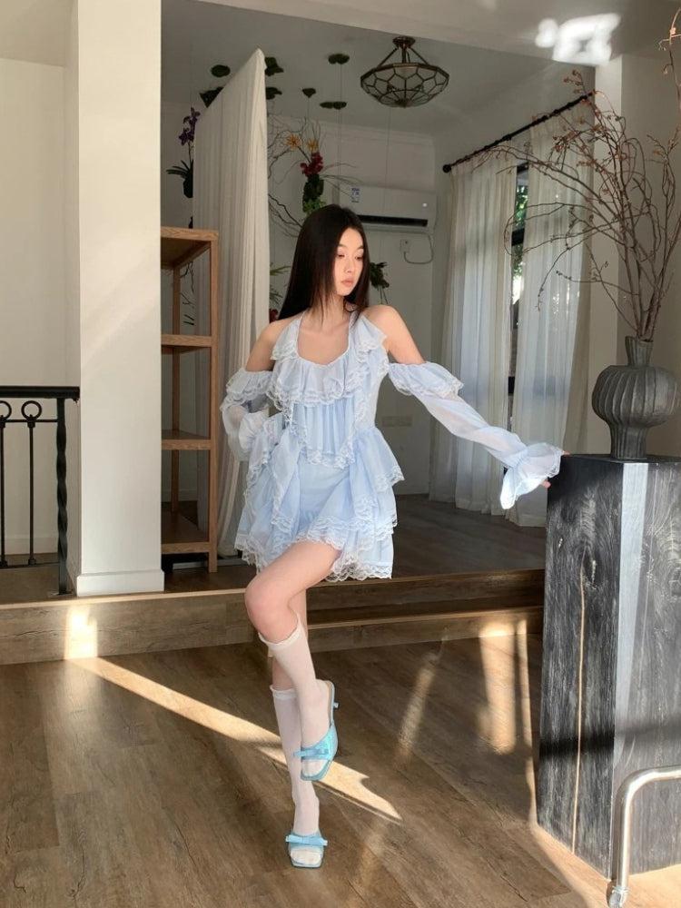 Cold Shoulder Tiered Ruffle Lace Trim Bell Sleeve Halter Mini Dress