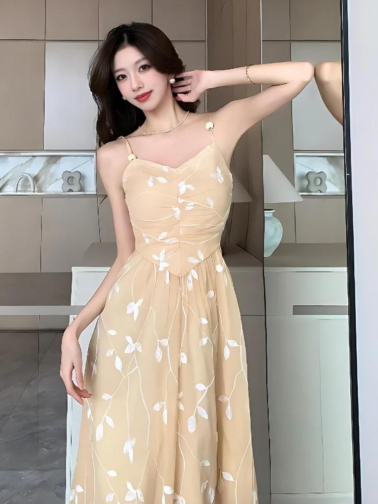Floral Embroidered Mesh V-Neck Spaghetti Strap Pleated Midi Dress