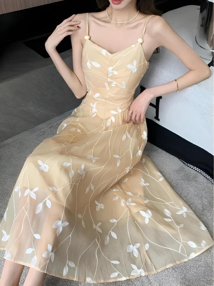 Floral Embroidered Mesh V-Neck Spaghetti Strap Pleated Midi Dress