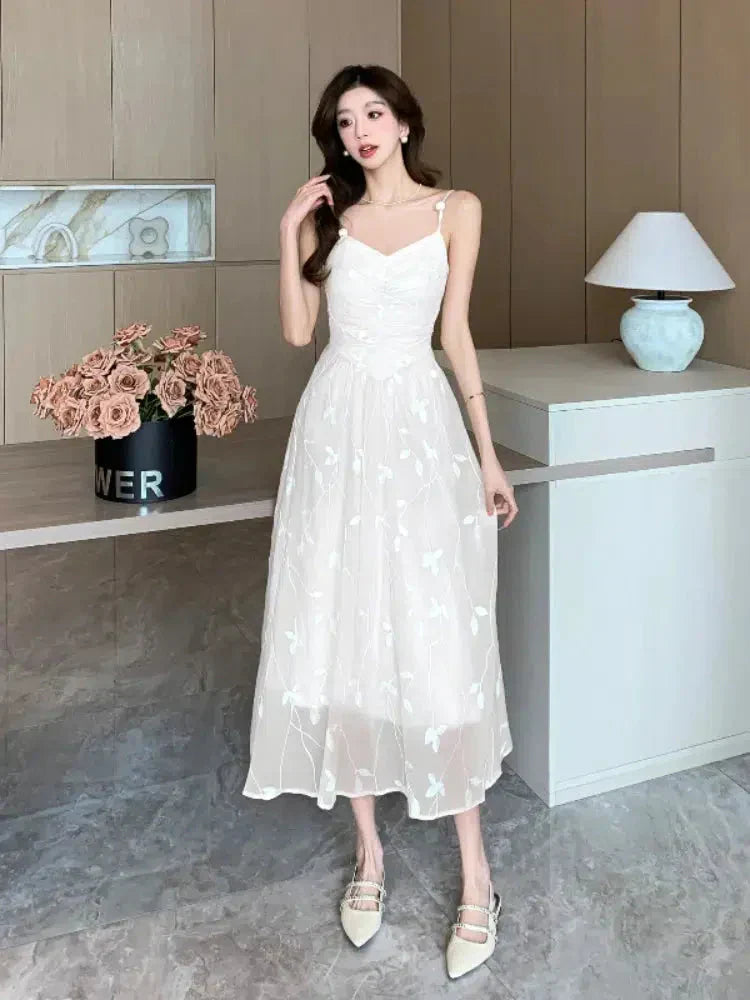 Floral Embroidered Mesh V-Neck Spaghetti Strap Pleated Midi Dress