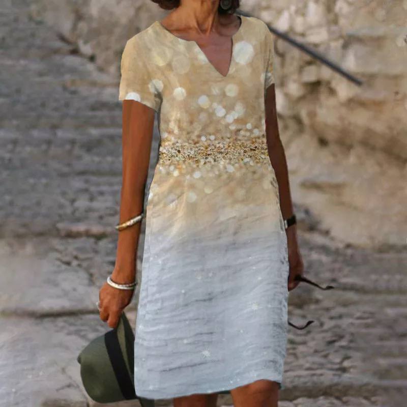 Short Sleeve V-Neck Floral Hem Print Shift Midi Dress
