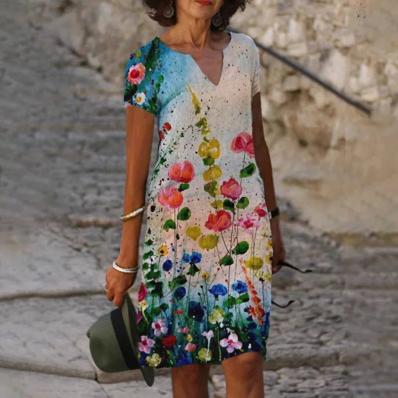 Short Sleeve V-Neck Floral Hem Print Shift Midi Dress