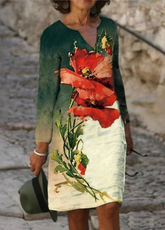 Short Sleeve V-Neck Floral Hem Print Shift Midi Dress