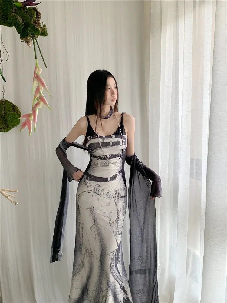 Abstract Marble Print Scoop Neck Mermaid Maxi Dress