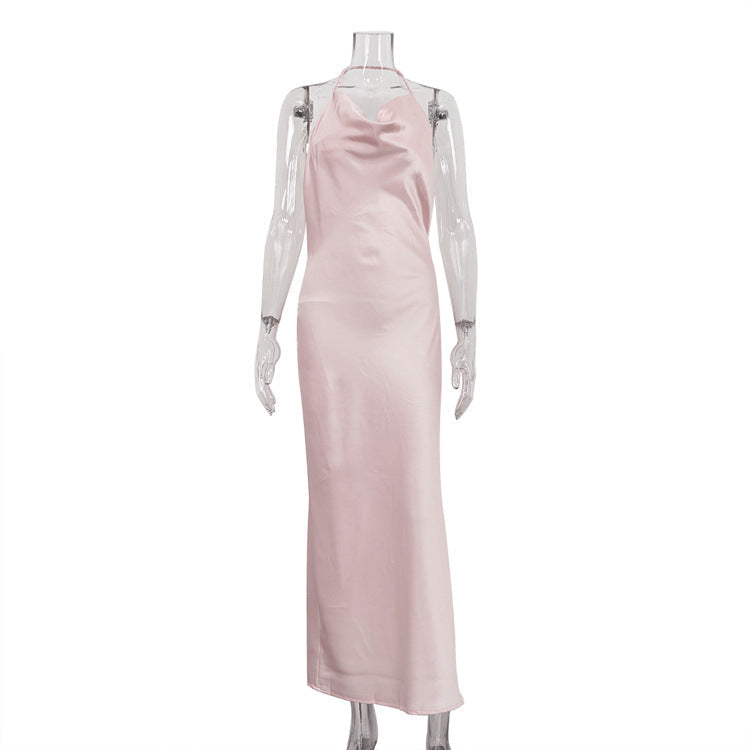 Cowl Neck Halter Spaghetti Strap Satin Column Maxi Dress