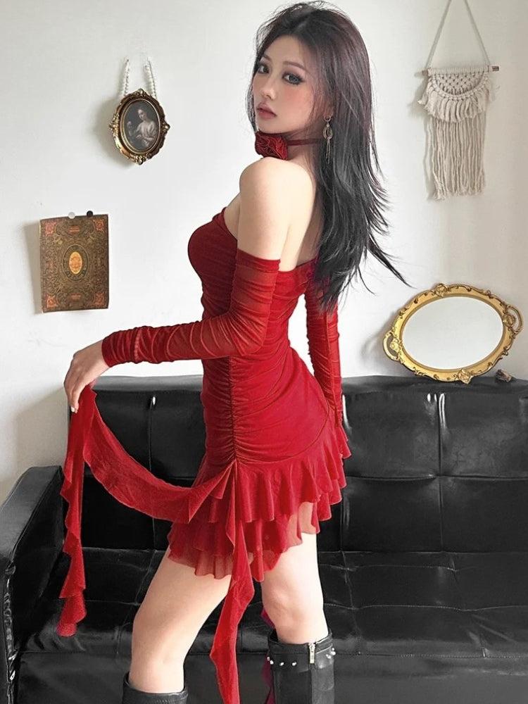 Ruched Halter Neck Mesh Tiered Ruffle Hem Mini Dress