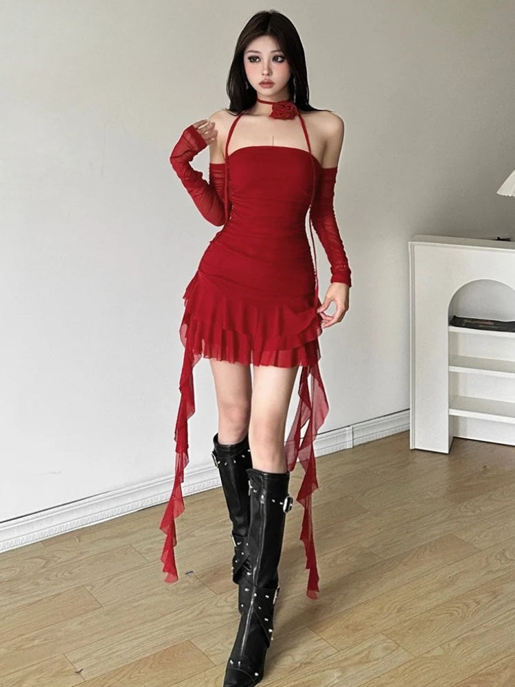 Ruched Halter Neck Mesh Tiered Ruffle Hem Mini Dress