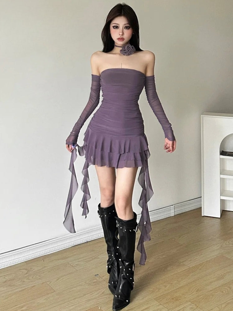 Ruched Halter Neck Mesh Tiered Ruffle Hem Mini Dress