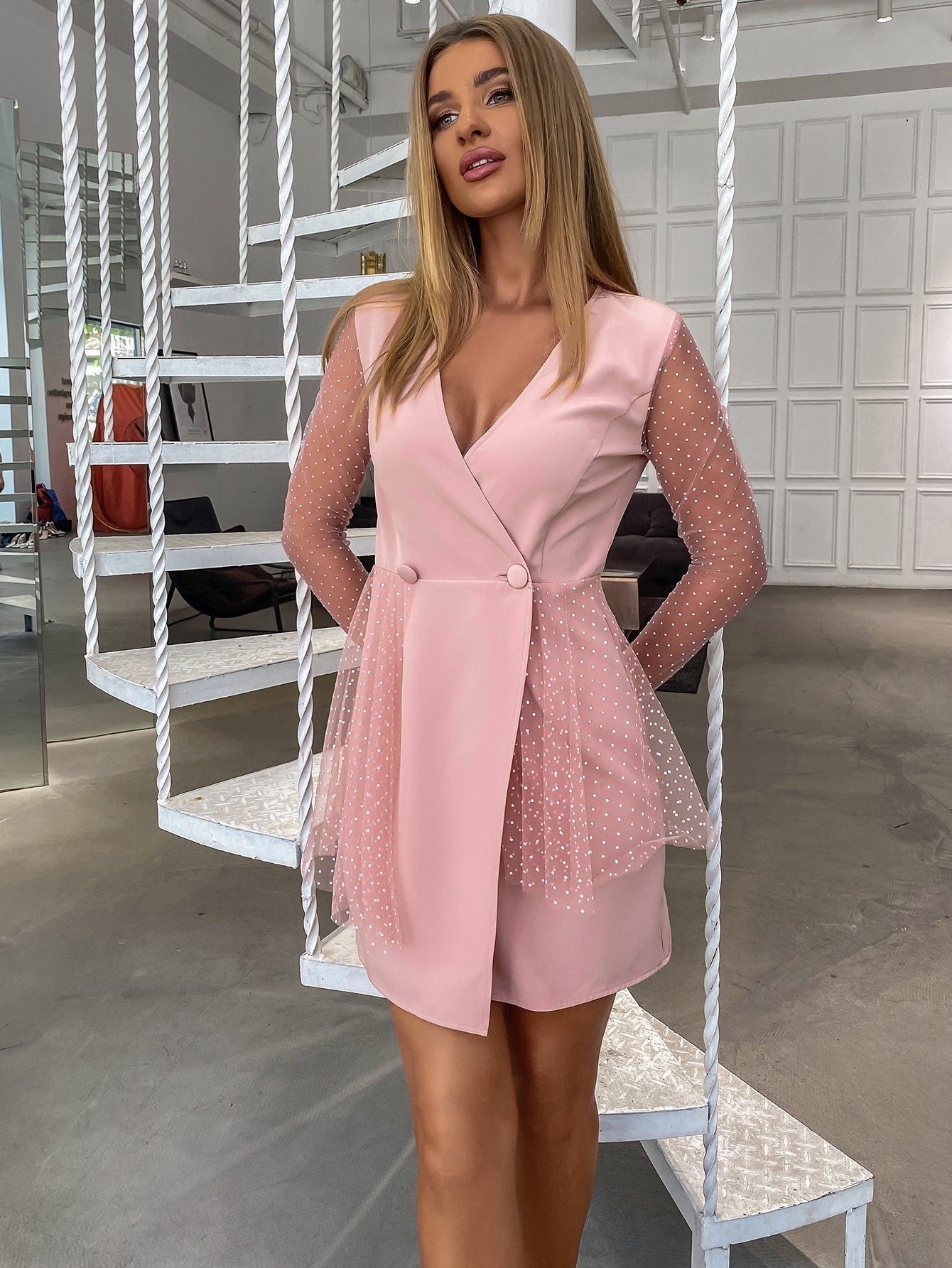 Double-Breasted Wrap Swiss Dot Mesh Sleeve Tulle Overlay Mini Dress