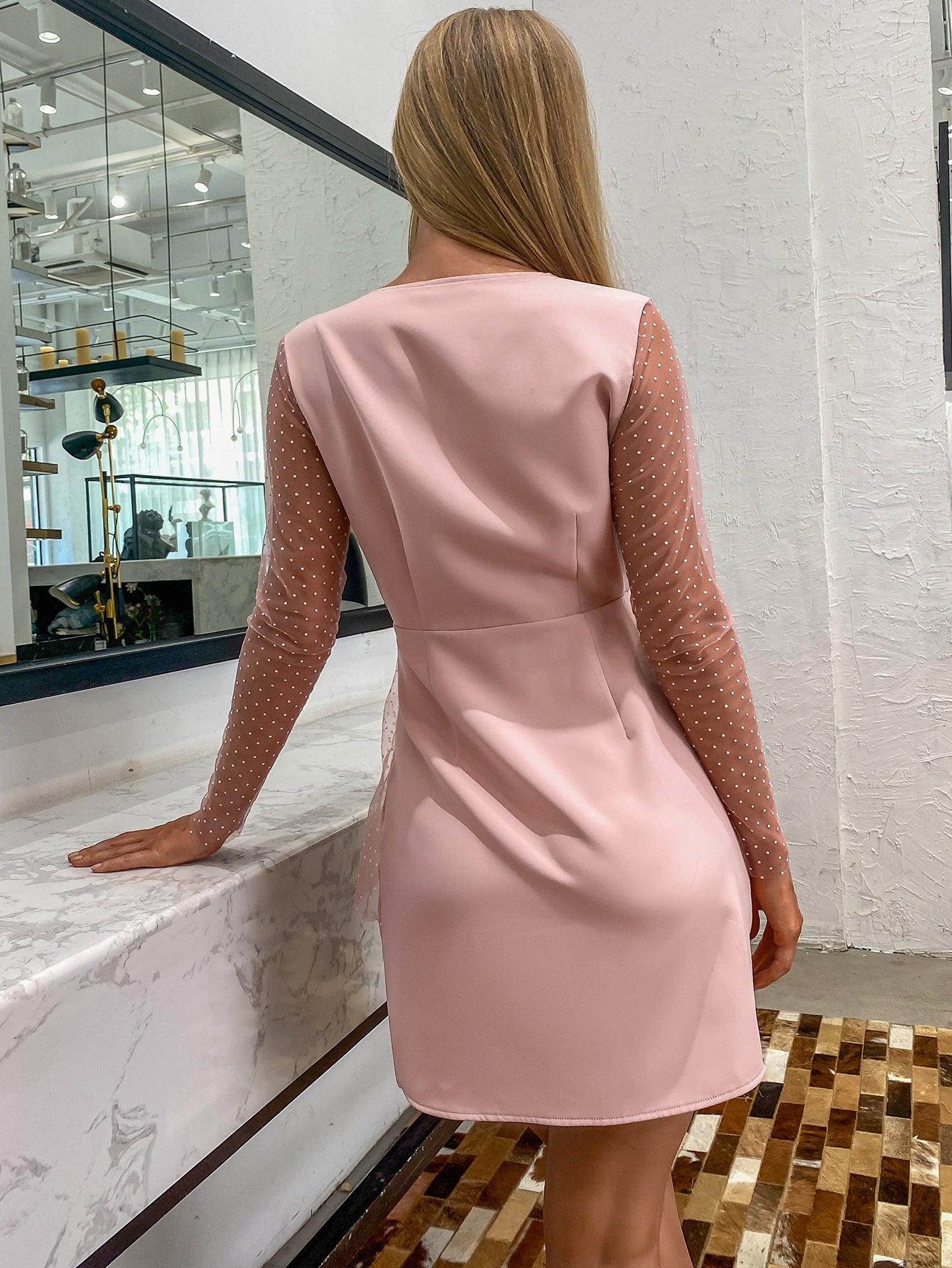 Double-Breasted Wrap Swiss Dot Mesh Sleeve Tulle Overlay Mini Dress