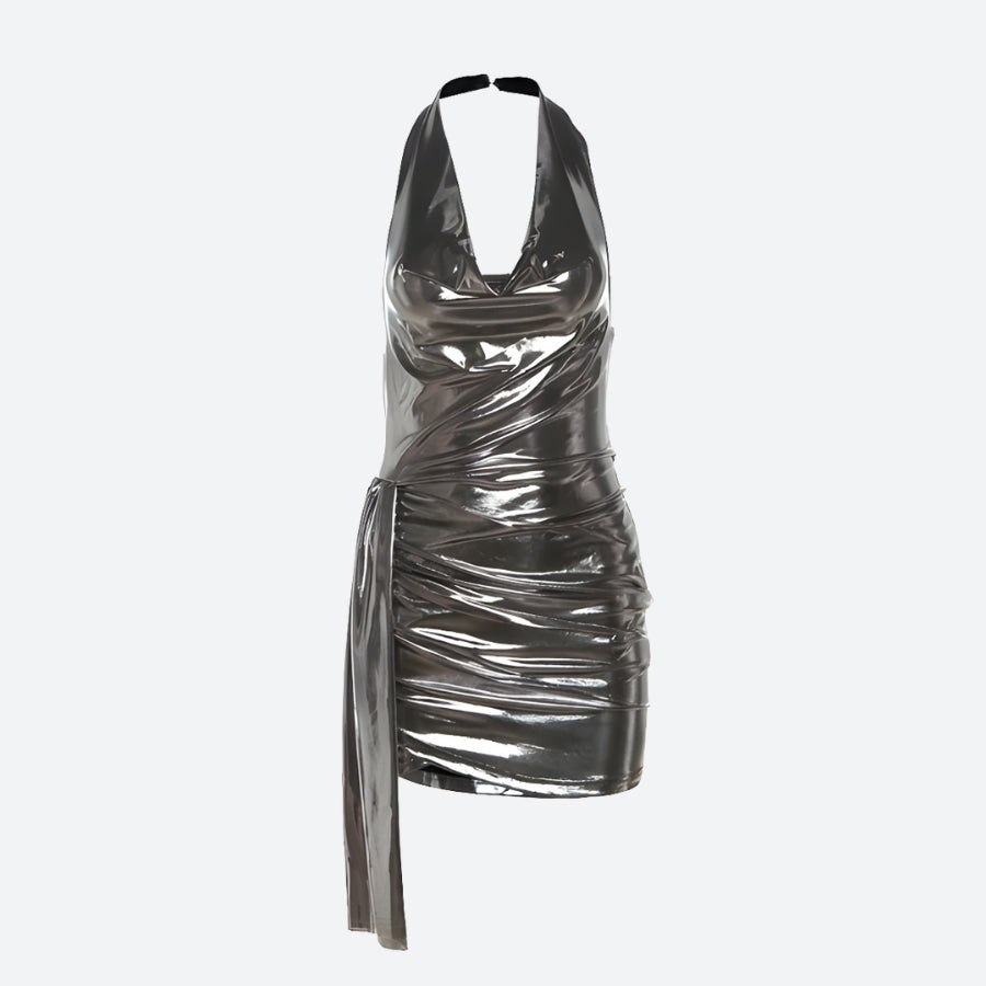 Metallic Halter Neck Cowl Neck Ruched Wrap Tulip Hem Mini Dress