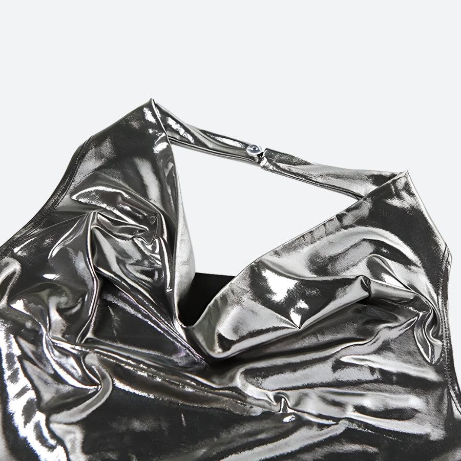 Metallic Halter Neck Cowl Neck Ruched Wrap Tulip Hem Mini Dress
