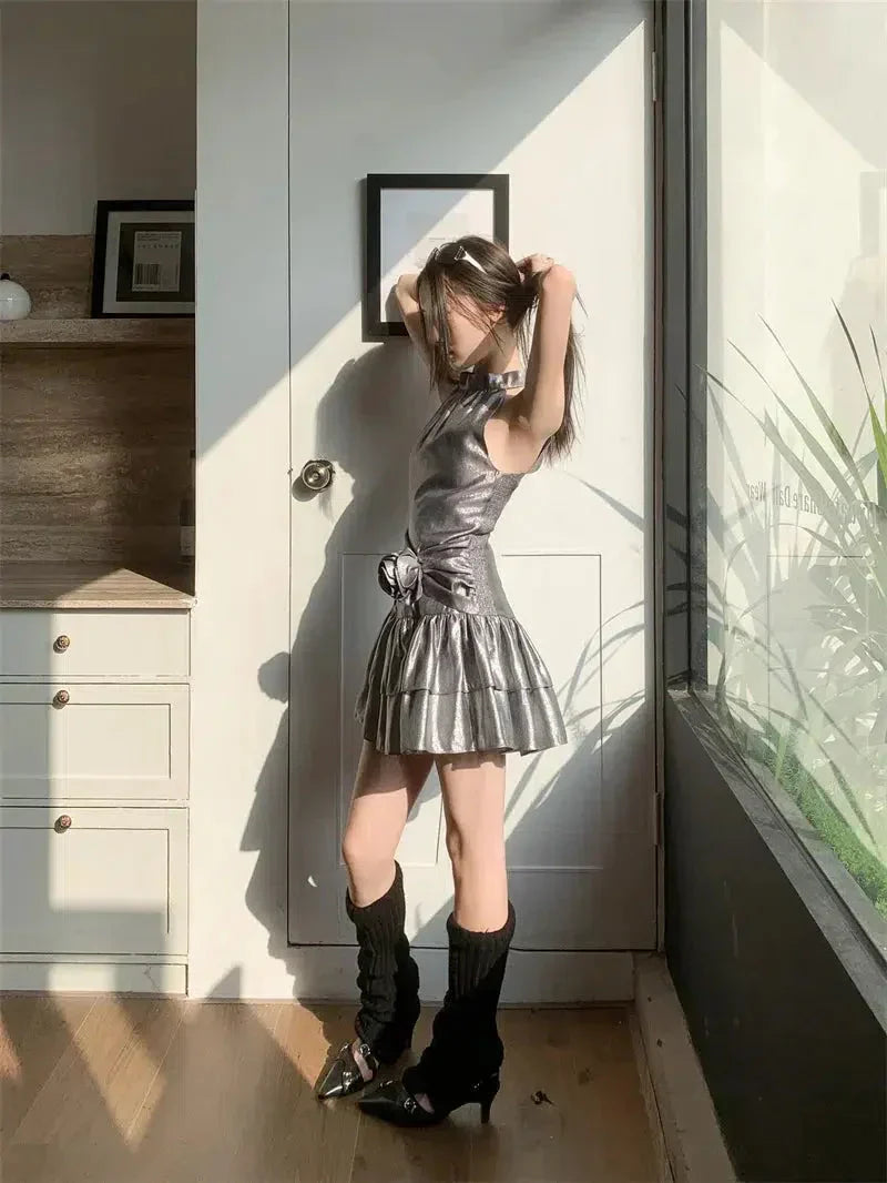 Mock Neck Rosette Drop Waist Tiered Ruffle Metallic Mini Dress