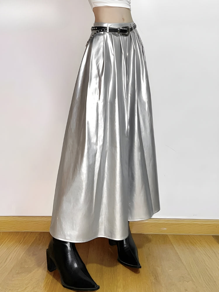Sleeveless Mock Neck Ruched Crop Top Metallic Pleated Maxi Skirt Set