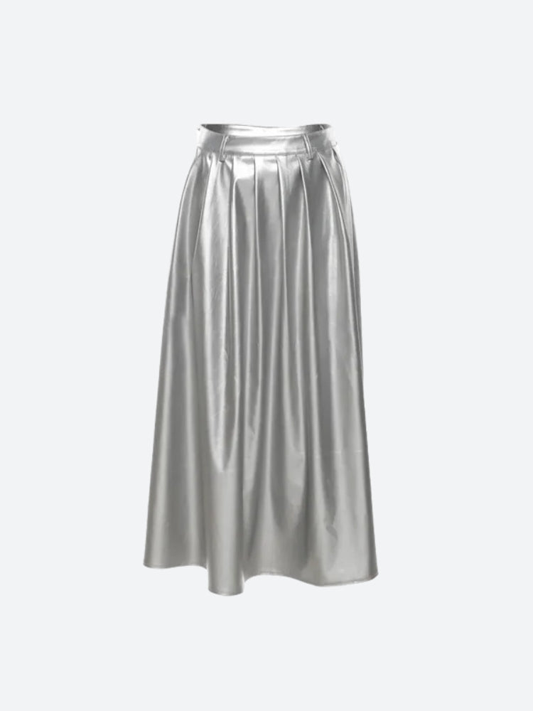 Sleeveless Mock Neck Ruched Crop Top Metallic Pleated Maxi Skirt Set
