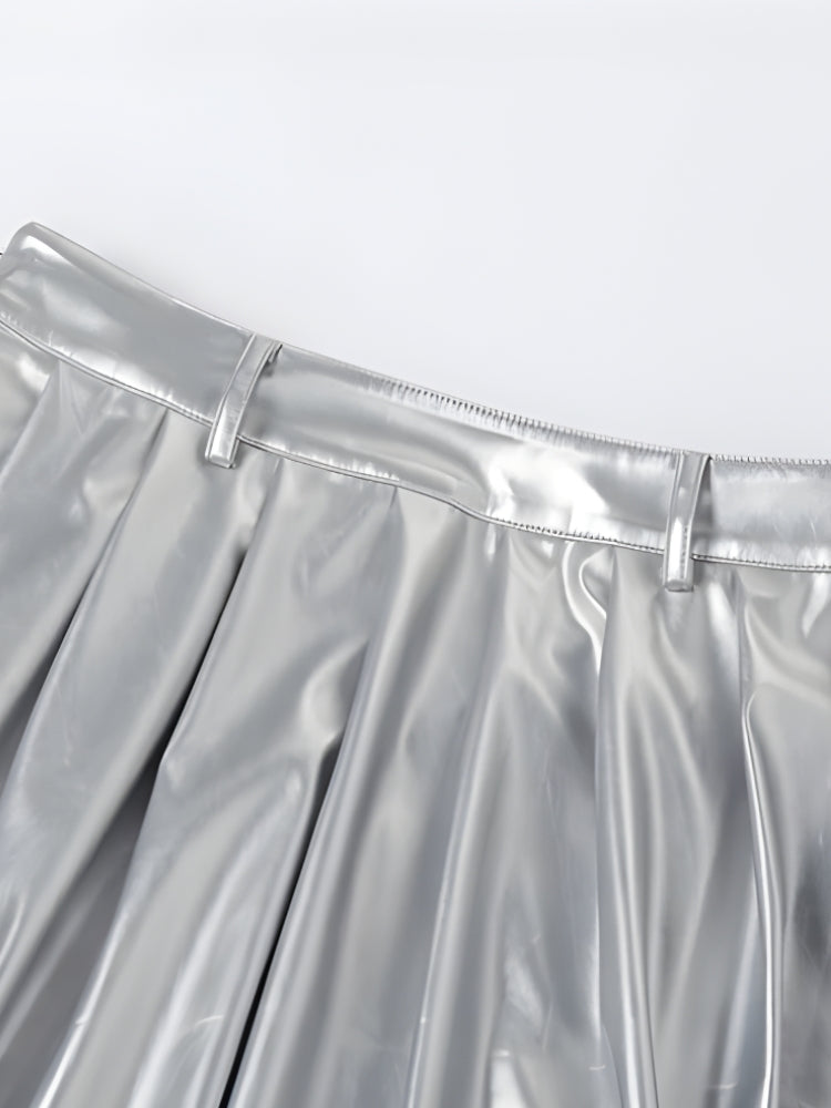 Sleeveless Mock Neck Ruched Crop Top Metallic Pleated Maxi Skirt Set
