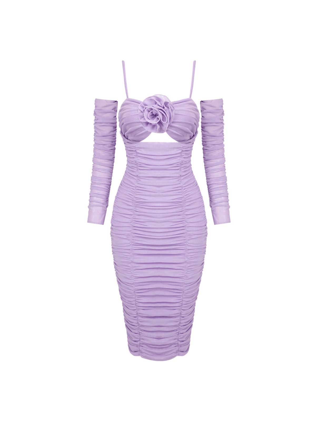 Mesh Spaghetti Strap Rosette Keyhole Ruched Bodycon Midi Dress