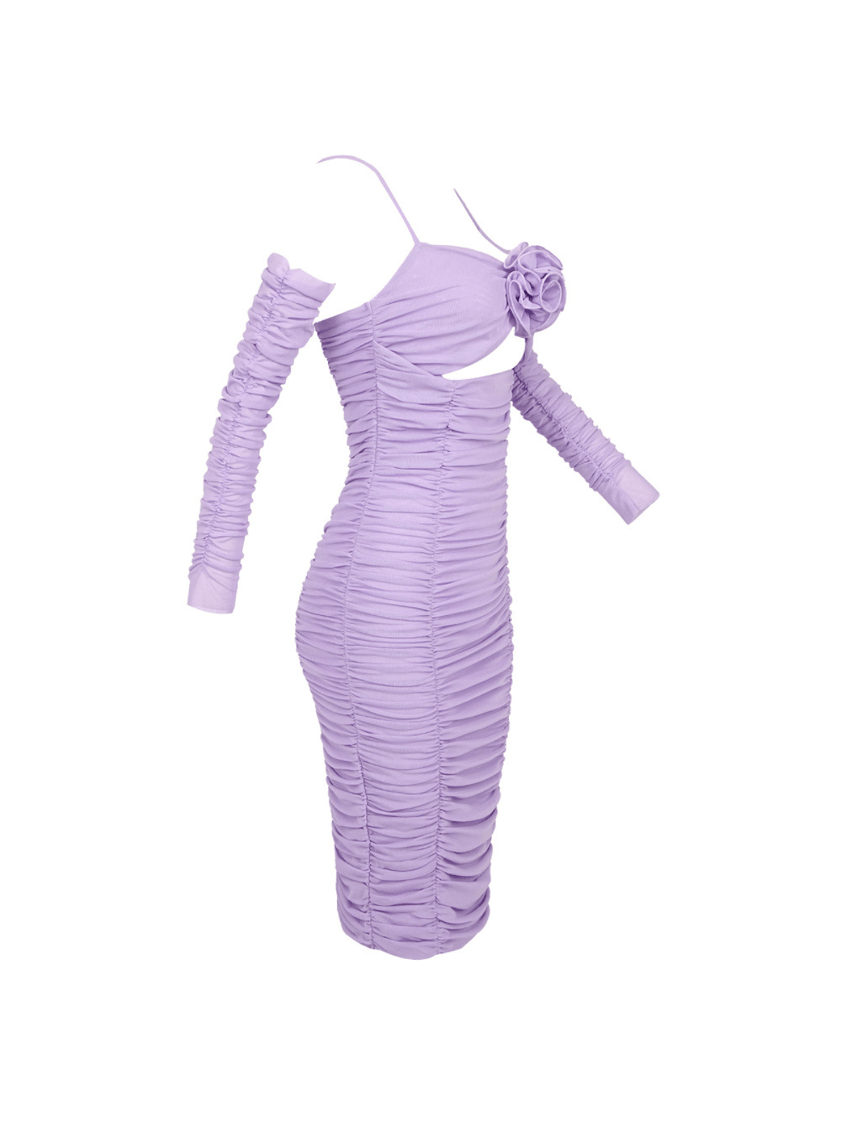 Mesh Spaghetti Strap Rosette Keyhole Ruched Bodycon Midi Dress