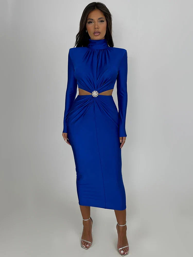 Mock Neck Ruched Long Sleeve Rhinestone Brooch Waist Cutout Bodycon Maxi Dress