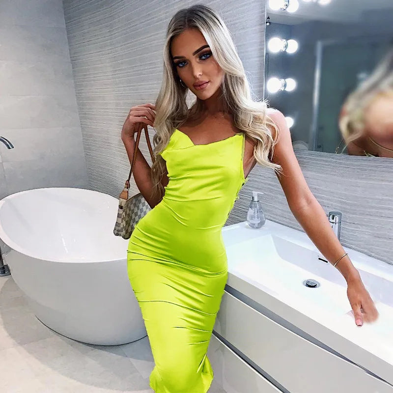 Satin Cowl Neck Spaghetti Strap Open Side Ruched Bodycon Midi Dress