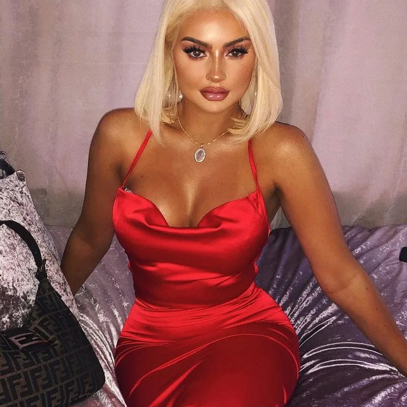 Satin Cowl Neck Spaghetti Strap Open Side Ruched Bodycon Midi Dress