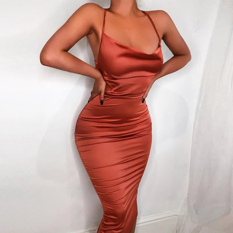 Satin Cowl Neck Spaghetti Strap Open Side Ruched Bodycon Midi Dress