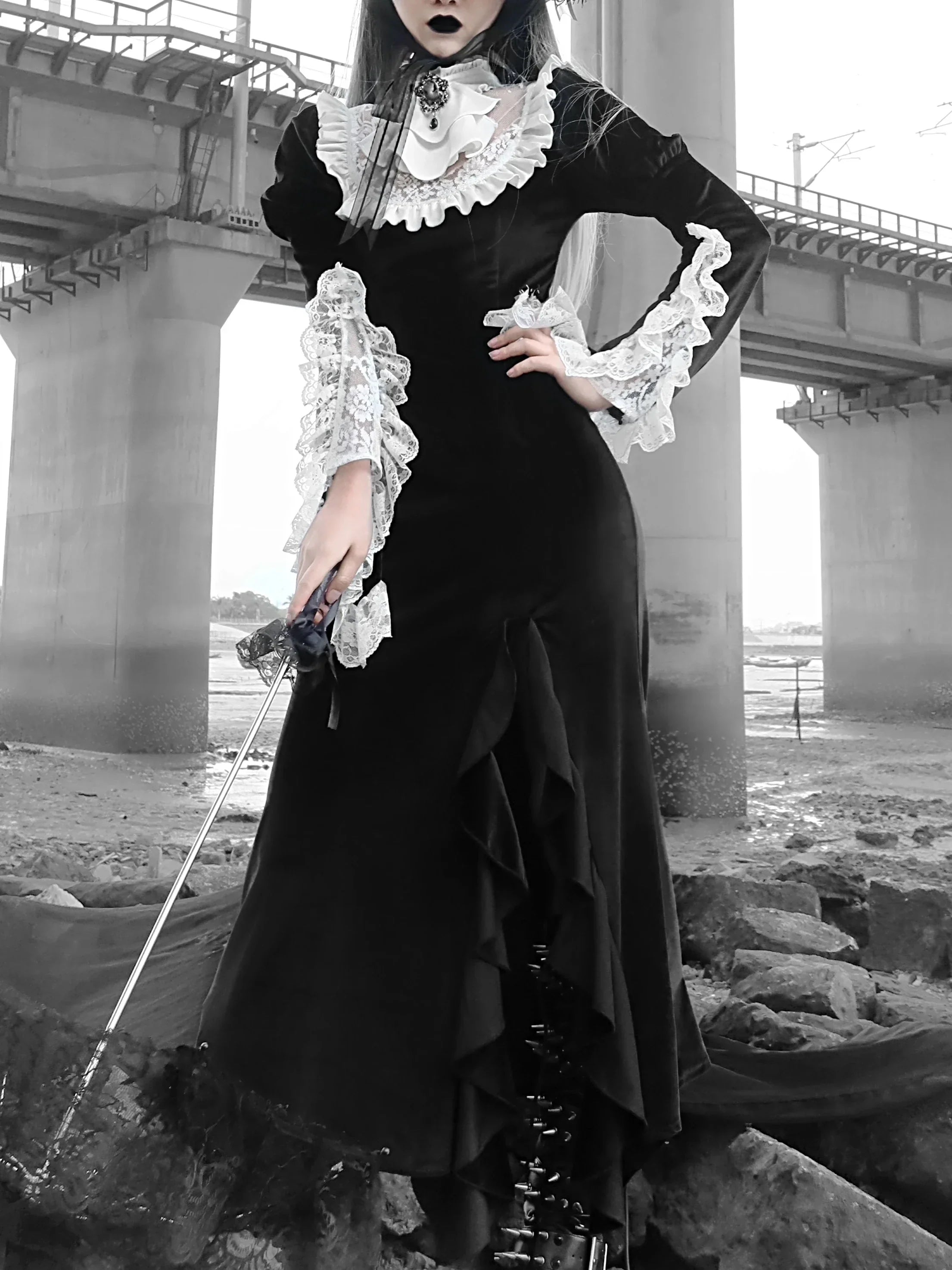 Velvet Lace Collar Trumpet Cuff Ruffle Trim High Slit Mermaid Maxi Dress