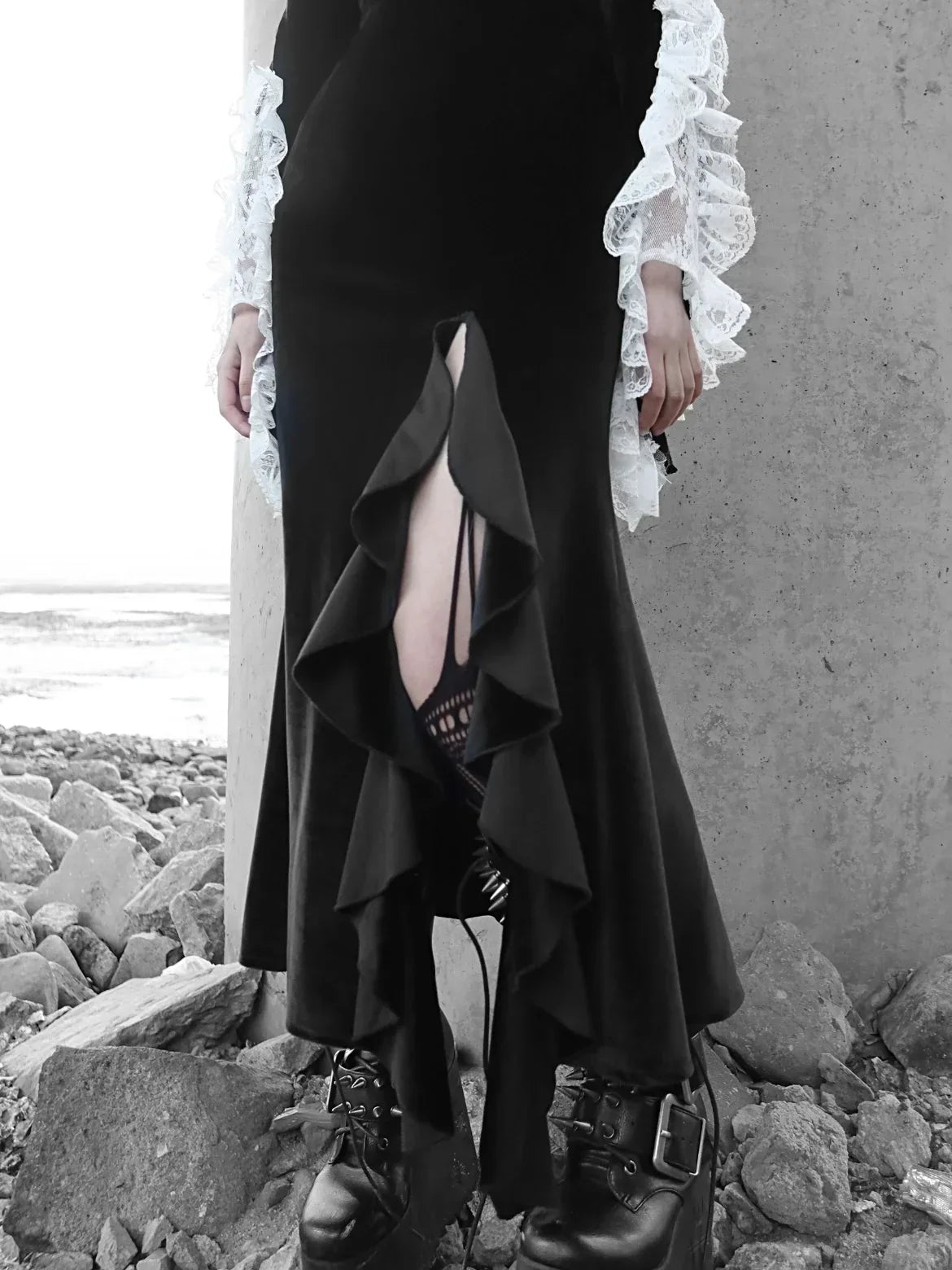 Velvet Lace Collar Trumpet Cuff Ruffle Trim High Slit Mermaid Maxi Dress