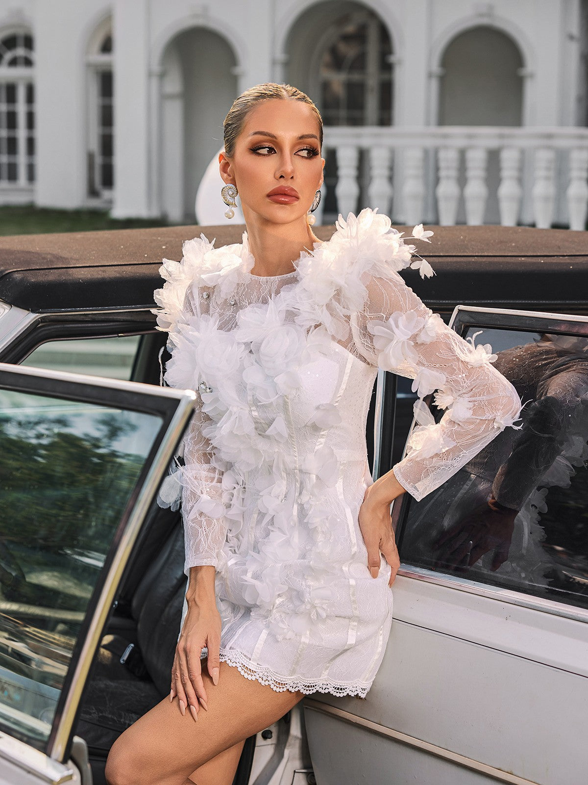 3D Floral Rosette Lace Long Sleeve Bodycon Mini Dress