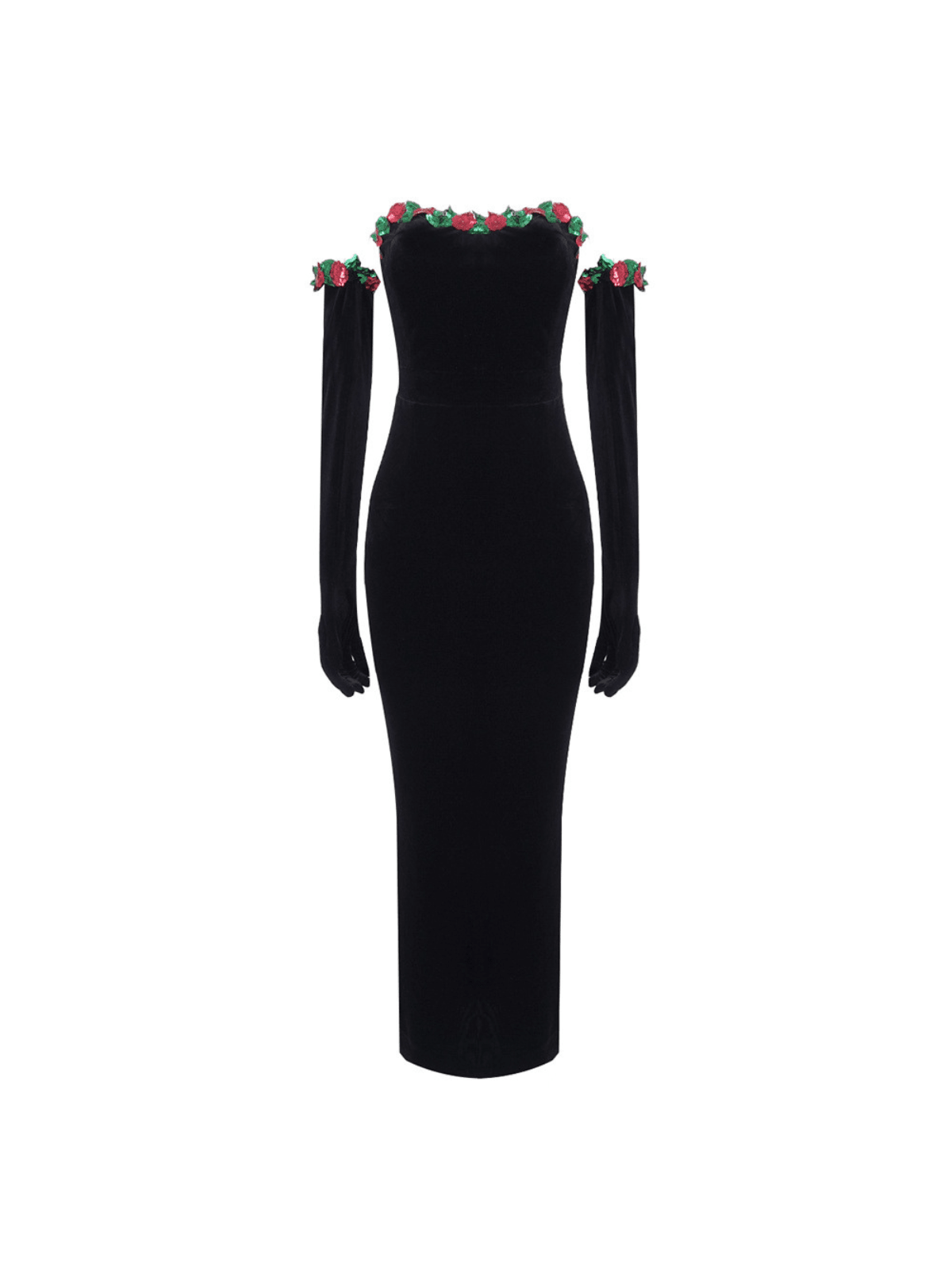 Strapless Floral Appliqué Velvet Maxi Dress With Matching Opera Gloves