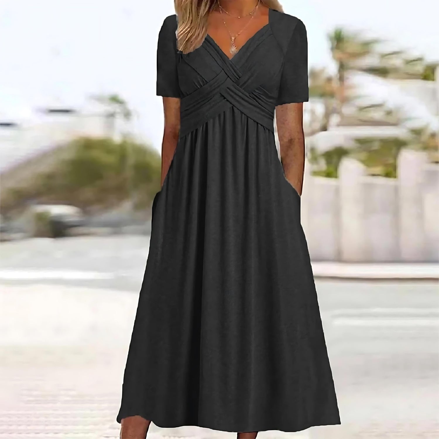 Criss-Cross Wrap V-Neck Short Sleeve Empire Waist Pocket Midi Dress