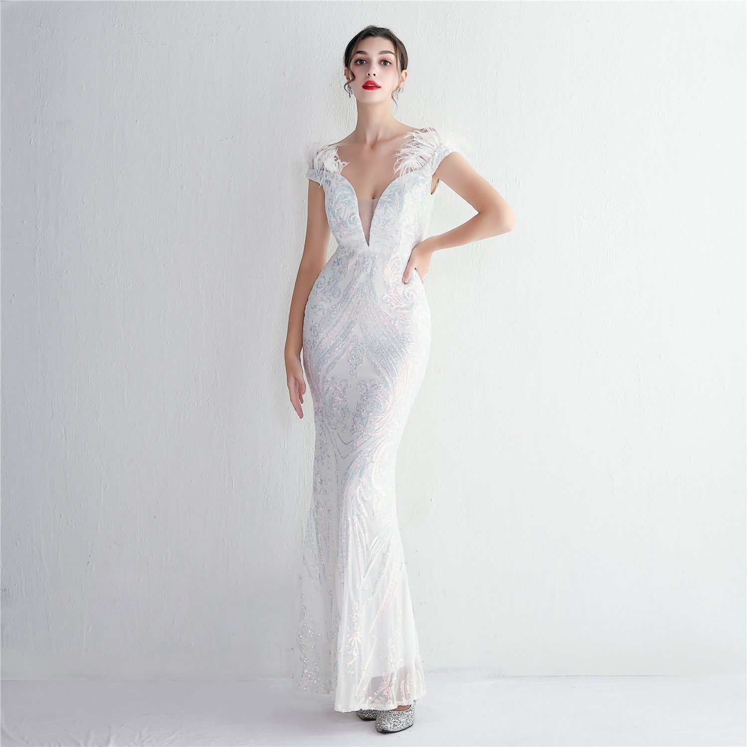 Baroque Sequin Embroidery Feather Cap Sleeve Plunge Mesh Panel Mermaid Gown