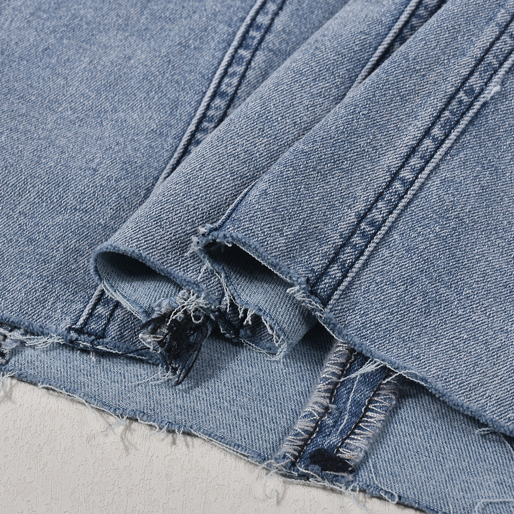 Strapless Denim Panel Seam Raw Hem Bodycon Mini Dress