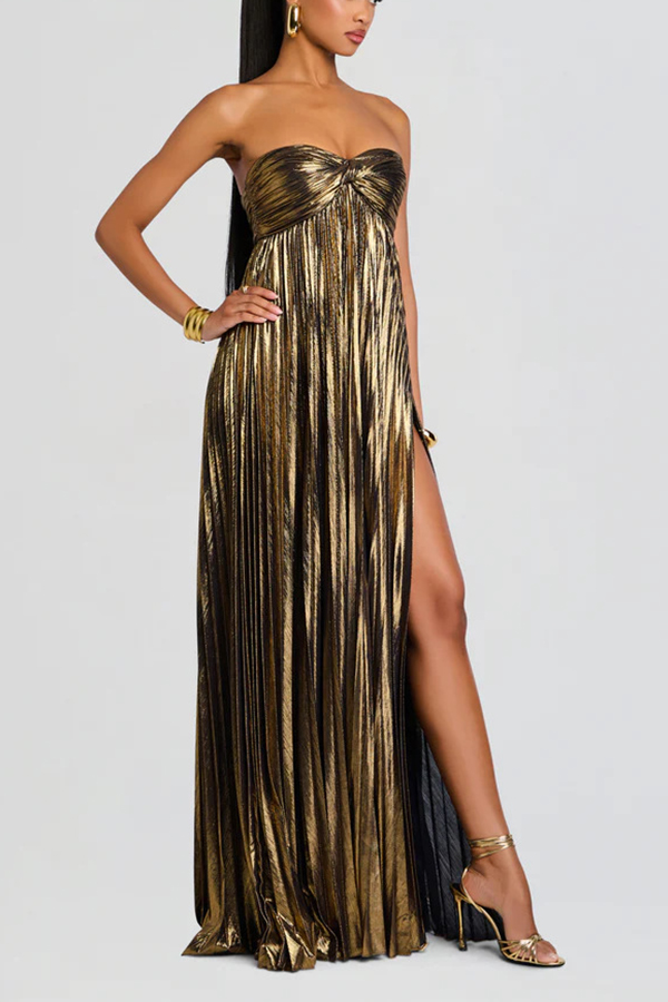 Metallic Sexy Tube Top Pleated High Slit Maxi Dress